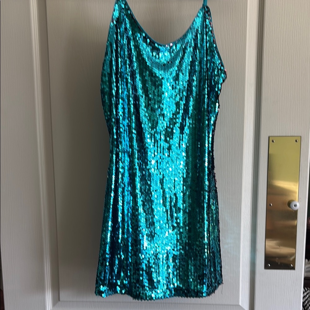 Allegra K Teal Sequin Mini Dress